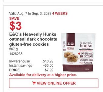 Costco E & c's heavenly hunks oatmeal dark chocolate gluten-free cookies offer
