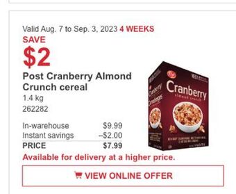 Costco Post cranberry almond crunch cereal offer