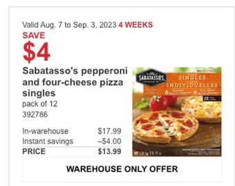 Costco Sabatasso's pepperoni and four-cheese pizza singles offer