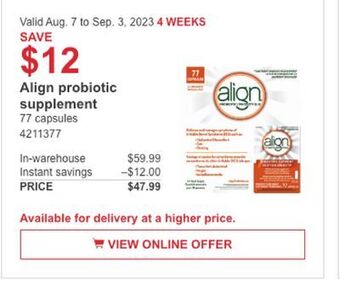 Costco Align probiotic supplement offer