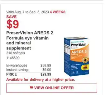 Costco Preservision areds 2 formula eye vitamin and mineral supplement offer