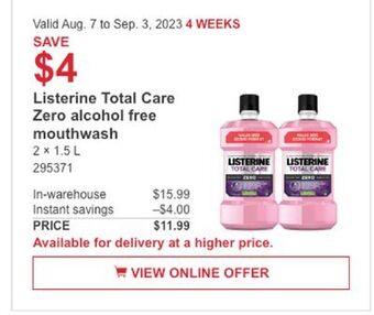 Costco Listerine total care zero alcohol free mouthwash offer