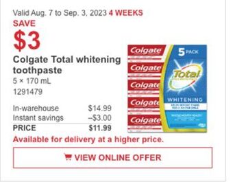 Costco Colgate total whitening toothpaste offer