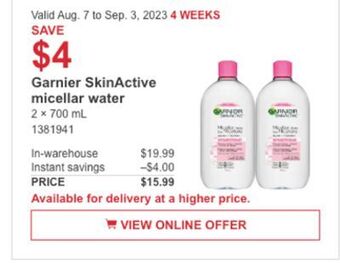 Costco Garnier skinactive micellar water offer