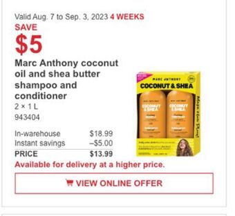 Costco Marc anthony coconut oil and shea butter shampoo and conditioner offer