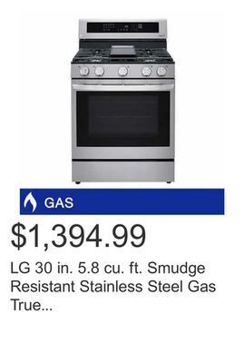 Costco Lg 30 in. 5.8 cu. ft. smudge resistant stainless steel gas true convection smart range with instaview™ and air fry offer