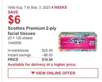 Costco Scotties premium 2-ply facial tissues offer