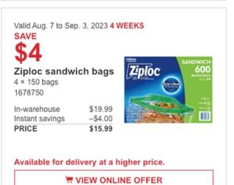 Costco Ziploc sandwich bags offer