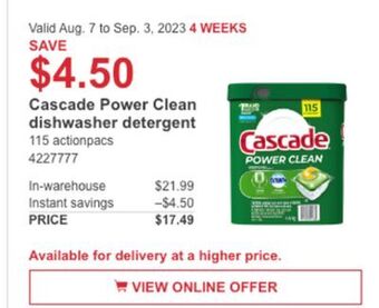 Costco Cascade power clean dishwasher detergent offer
