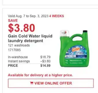 Costco Gain cold water liquid laundry detergent offer