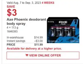 Costco Axe phoenix deodorant body spray offer
