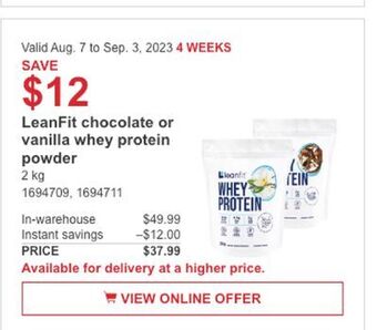 Costco Leanfit chocolate or vanilla whey protein powder offer