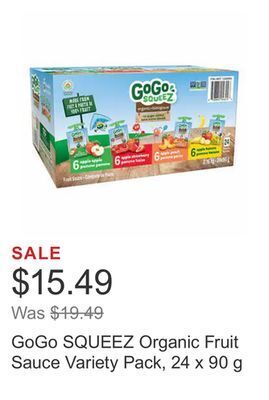 Costco Gogo squeez organic fruit sauce variety pack, 24 x 90 g offer