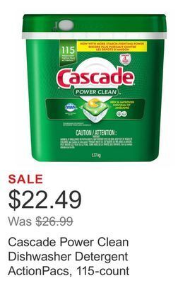 Costco Cascade power clean dishwasher detergent actionpacs, 115-count offer