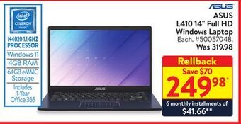 Walmart Asus l410 14 full hd windows laptop offer