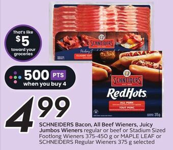 Sobeys Schneiders bacon, all beef wieners, juicy jumbos wieners offer