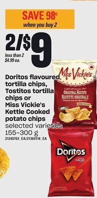 Independent Grocer Doritos flavoured tortilla chips, tostitos tortilla chips or miss vickie's kettle cooked potato chips, 155-300 g offer