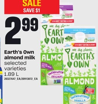 Independent Grocer Earth's own almond milk, 1.89 l offer