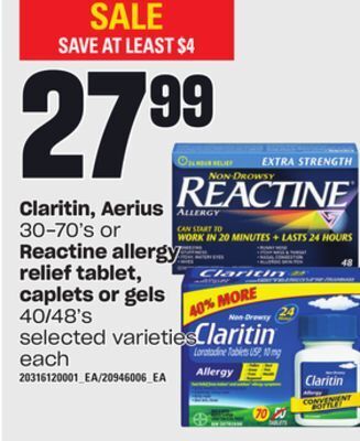 Loblaws Claritin, aerius 30-70's or reactine allergy relief tablet, caplets or gels 40/48's offer