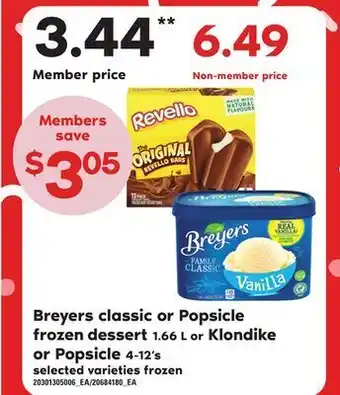 Independent Grocer Breyers classic or popsicle frozen dessert, 1.66 l or klondike or popsicle, 4-12's offer