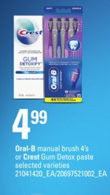Loblaws Oral-b manual brush, 4's or crest gum detox paste offer