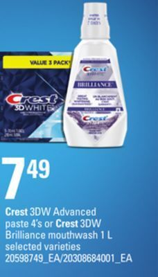 Loblaws Crest 3dw advanced paste, 4's or crest 3dw brilliance mouthwash, 1 l offer