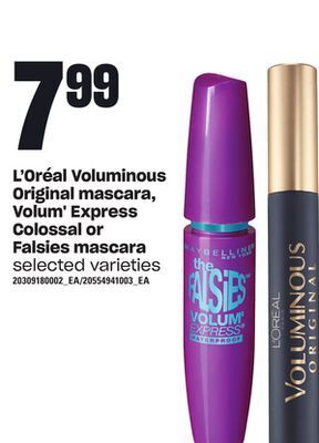 Loblaws L'oréal voluminous original mascara, volum' express colossal or falsies mascara offer