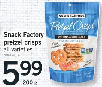 Fortinos Snack factory pretzel crisps, 200 g offer