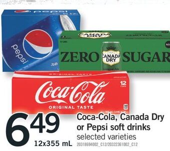 Fortinos Coca-cola, canada dry or pepsi soft drinks, 12x355 ml offer