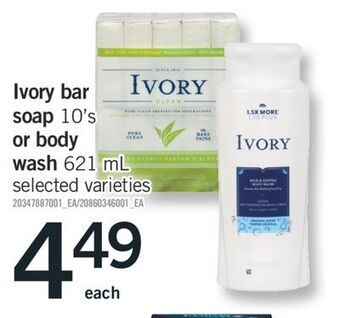 Fortinos Ivory bar soap 10's or body wash 621 ml offer