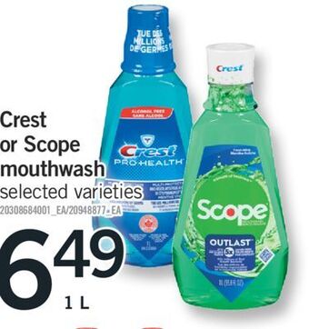 Fortinos Crest or scope mouthwash, 1 l offer