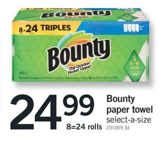 Fortinos Bounty paper towels, 8=24 rolls offer