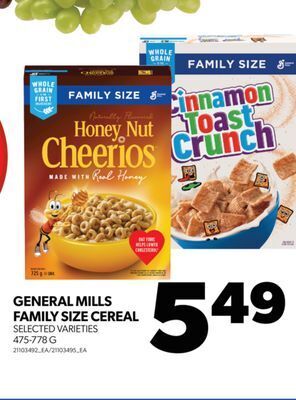 Real Canadian Superstore General mills family size cereal, 475-778 g offer