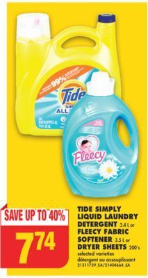 No Frills Tide simply liquid laundry detergent, 3.4 l or fleecy fabric softener, 3.5 l or dryer sheets, 200's offer