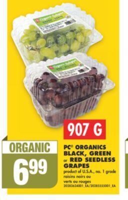 No Frills Pc® organics black, green or red seedless grapes, 907 g offer