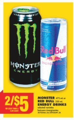 No Frills Monster, 473 ml or red bull, 250 ml energy drinks offer