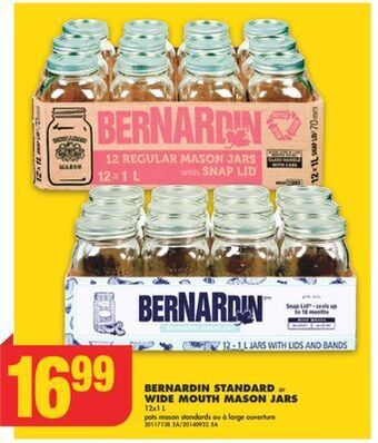 No Frills Bernardin standard or wide mouth mason jars, 12x1 l offer