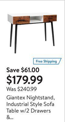 Walmart Giantex nightstand, industrial style sofa table w/2 drawers & middle open shelf offer