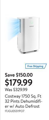 Walmart Costway 1750 sq. ft 32 pints dehumidifier w/ auto defrost offer