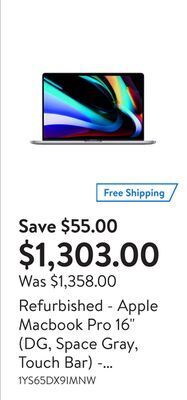 Walmart Refurbished - apple macbook pro 16 (dg, space gray, touch bar) - 2.6ghz 6-core i7 (2019), 256gb flash hd & 16gb ram offer