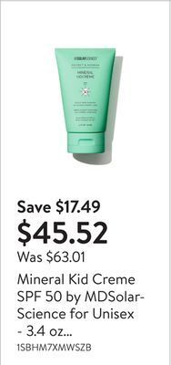 Walmart Mineral kid creme spf 50 by mdsolarscience for unisex - 3.4 oz sunscreen offer