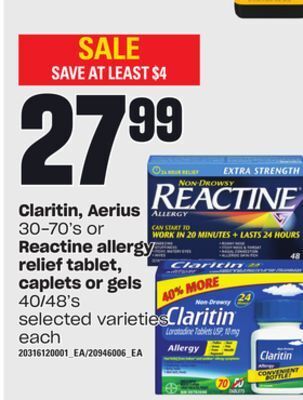 Zehrs Markets Claritin, aerius, 30-70's or reactine allergy relief tablet, caplets or gels, 40/48's offer