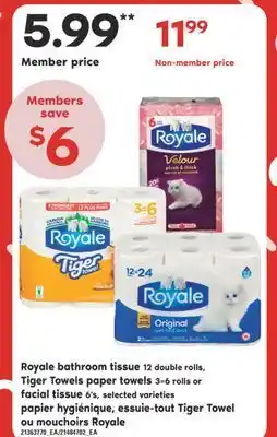 Valu-mart Papier hygiénique 12 double , essuie-tout 3 = 6 rouleaux ou tiger towel ou mouchoirs royale 6's offer