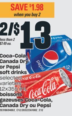 Valu-mart Boissons gazeuses coca-cola, canada dry ou pepsi 12x355 ml offer
