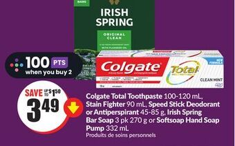 Chalo FreshCo Colgate total toothpaste 100-120 ml, stain fighter 90 ml, speed stick deodorant or antiperspirant 45-85 g, irish spring bar s offer