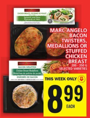 Food Basics Marc angelo bacon twisters, medallions or stuffed chicken breast offer