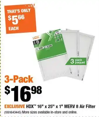 Home Depot Hdx 16 x 25 x1 merv 8 air filter offer