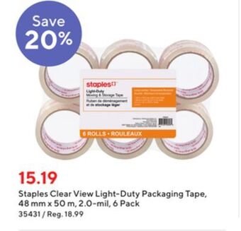 Staples Staples clear view light-duty packaging tape, 48 mm x 50 m, 2.0-mil, 6 pack offer