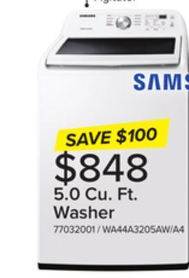 Leon's Samsung white top load washer with activewave agitator (5.0 cu.ft) - wa44a3205aw/a4 offer