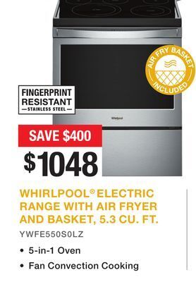 Bad Boy Superstore Whirlpool® electric range with air fryer and basket, 5.3 cu. ft. offer